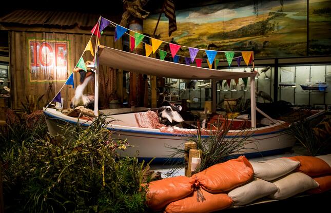 A display inside the Barataria Preserve, featuring a replica of a fishing boat, with a raccoon statue and a pelican statue sitting on the boat.