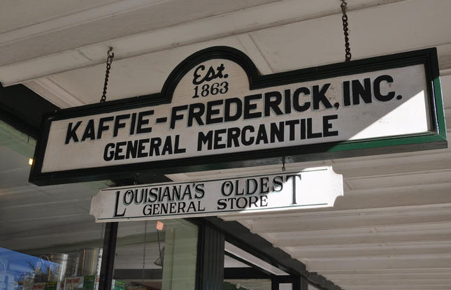 A sign advertising Kaffie Fredericks General Store in Nachitoches as Louisiana’s oldest general store.