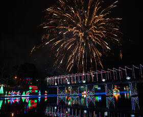 Downtown Natchitoches, Louisiana is lit by hundreds of Christmas lights.
